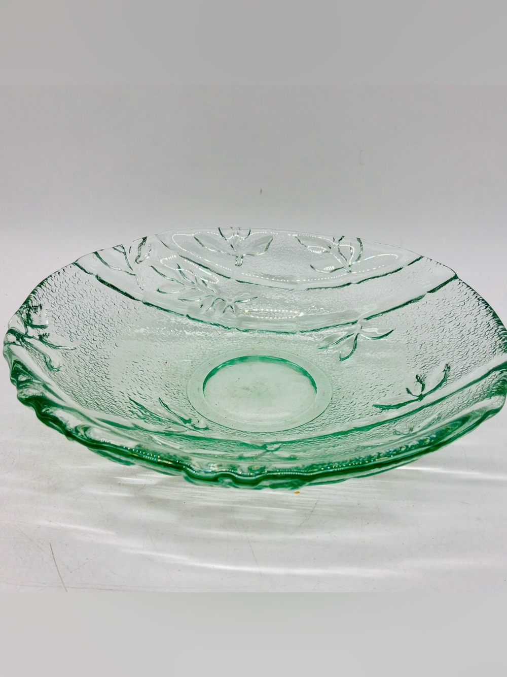 Vintage Pier 1 Recycled Green Glass textured Embossed Bamboo Motif 7.5” Round